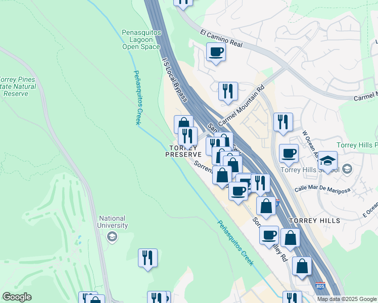 map of restaurants, bars, coffee shops, grocery stores, and more near 11815 Sorrento Valley Road in San Diego