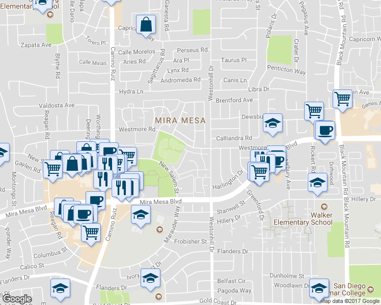 map of restaurants, bars, coffee shops, grocery stores, and more near 8580-16 New Salem Street in San Diego