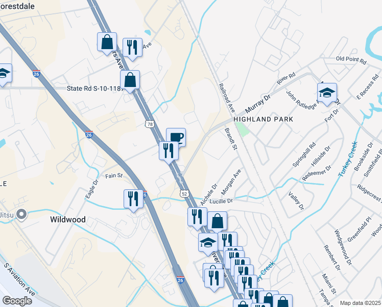 map of restaurants, bars, coffee shops, grocery stores, and more near 1945 Hanahan Road in North Charleston