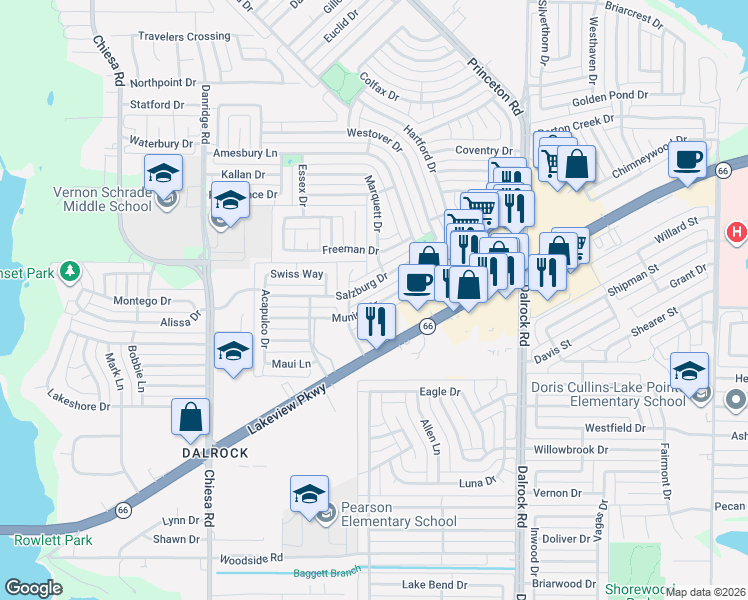map of restaurants, bars, coffee shops, grocery stores, and more near 7905 Munich Drive in Rowlett