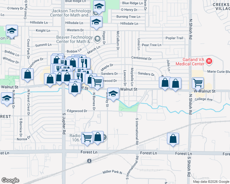 map of restaurants, bars, coffee shops, grocery stores, and more near 3200 North Kirby Street in Garland