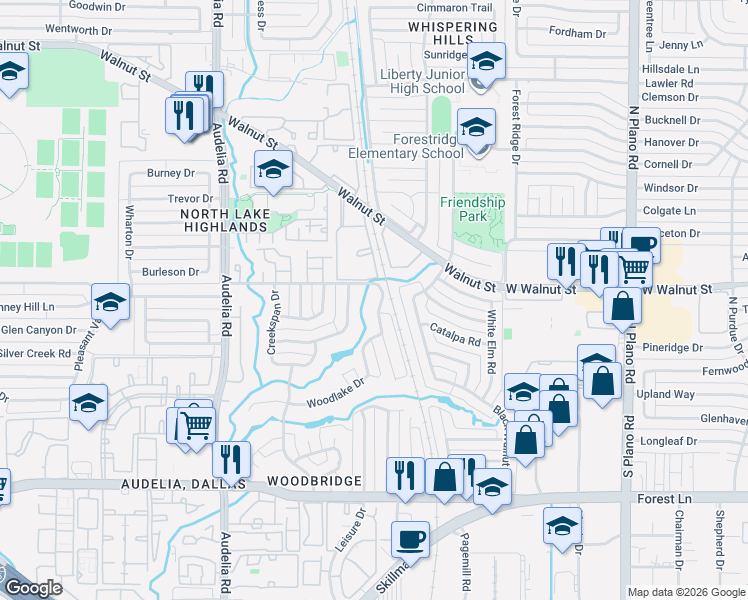 map of restaurants, bars, coffee shops, grocery stores, and more near 10104 Shadow Way in Dallas