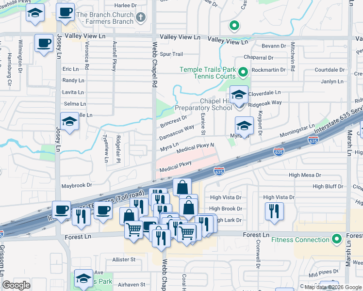 map of restaurants, bars, coffee shops, grocery stores, and more near 3134 Myra Lane in Farmers Branch