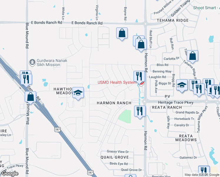 map of restaurants, bars, coffee shops, grocery stores, and more near 9628 Makiposa Lane in Fort Worth