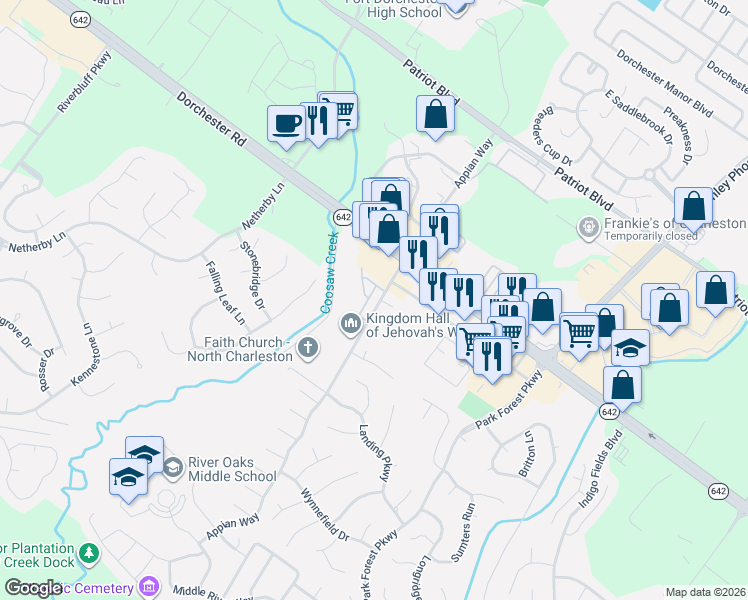 map of restaurants, bars, coffee shops, grocery stores, and more near 1212 Vistiana Drive in Charleston