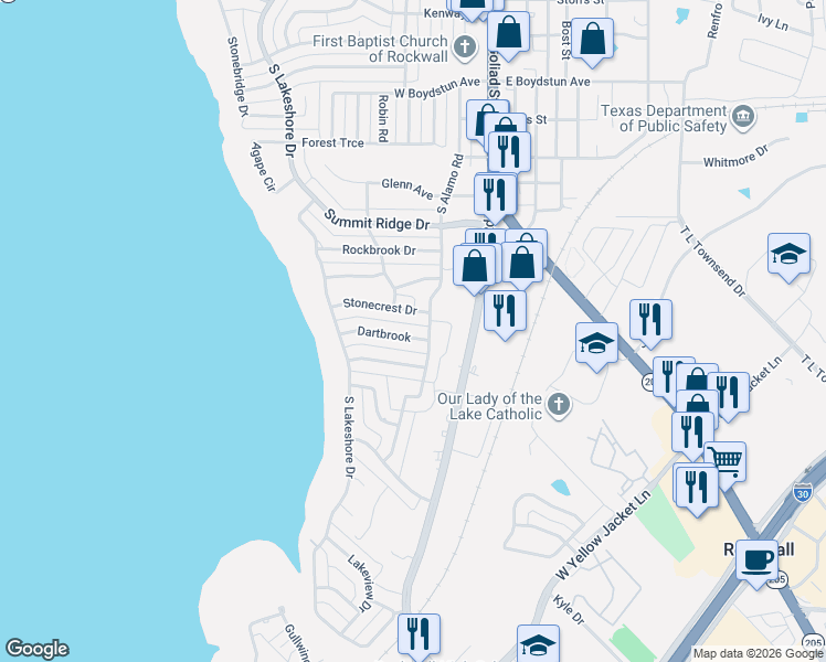 map of restaurants, bars, coffee shops, grocery stores, and more near 204 Dartbrook in Rockwall