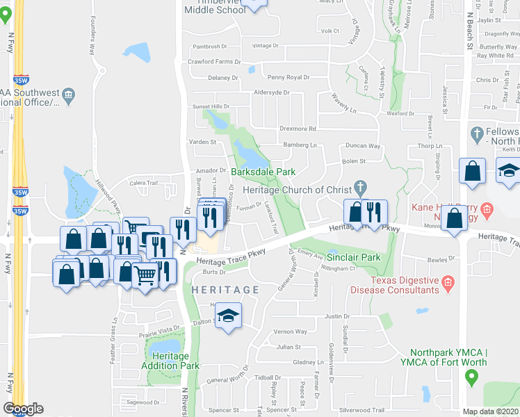 map of restaurants, bars, coffee shops, grocery stores, and more near 3808 Furman Drive in Fort Worth