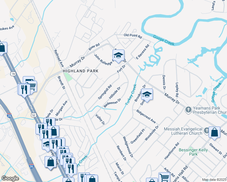 map of restaurants, bars, coffee shops, grocery stores, and more near 1226 Hillside Drive in Hanahan