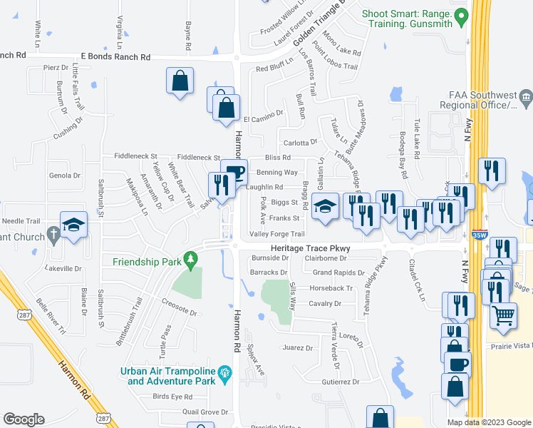 map of restaurants, bars, coffee shops, grocery stores, and more near 2101 Franks Street in Fort Worth