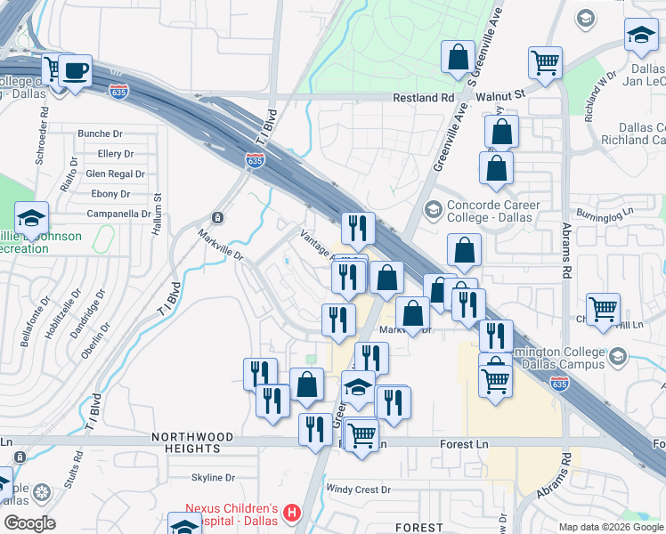 map of restaurants, bars, coffee shops, grocery stores, and more near 9000 Vantage Point Drive in Dallas