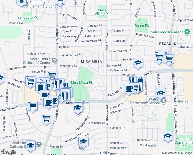 map of restaurants, bars, coffee shops, grocery stores, and more near 8580-16 New Salem Street in San Diego