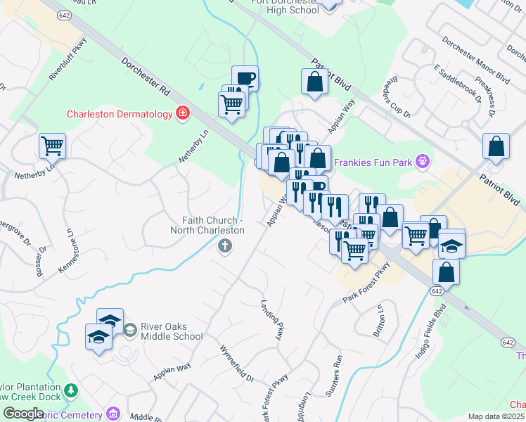 map of restaurants, bars, coffee shops, grocery stores, and more near 1211 Vistiana Drive in North Charleston