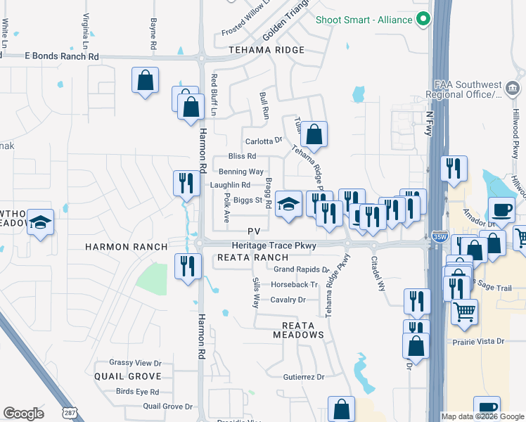 map of restaurants, bars, coffee shops, grocery stores, and more near 2149 Franks Street in Fort Worth