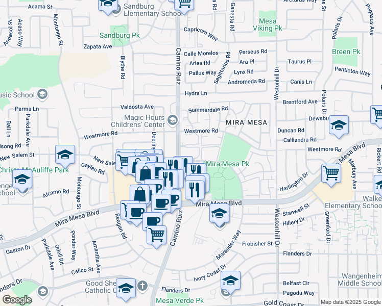 map of restaurants, bars, coffee shops, grocery stores, and more near 8418 New Salem Street in San Diego