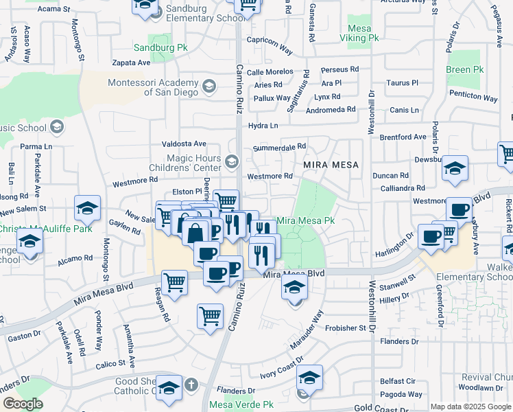 map of restaurants, bars, coffee shops, grocery stores, and more near 8358 New Salem Street in San Diego