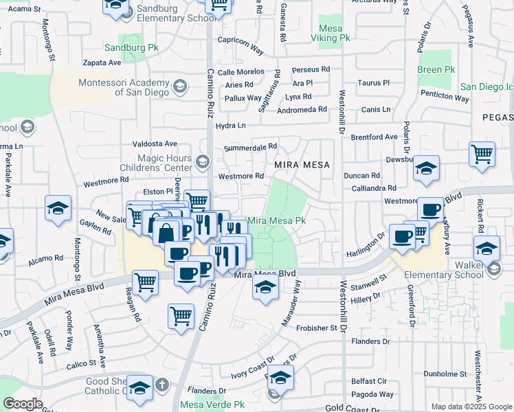 map of restaurants, bars, coffee shops, grocery stores, and more near 8476 New Salem Street in San Diego