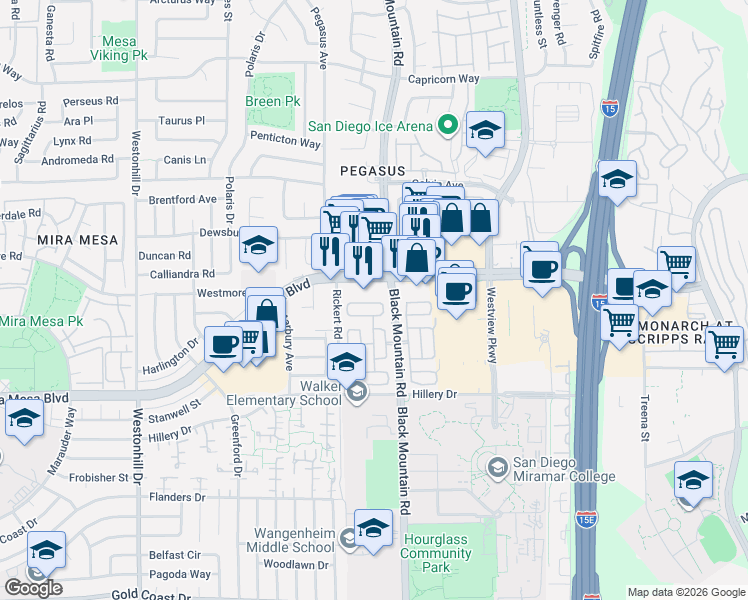 map of restaurants, bars, coffee shops, grocery stores, and more near 168 Northwood Drive in San Diego