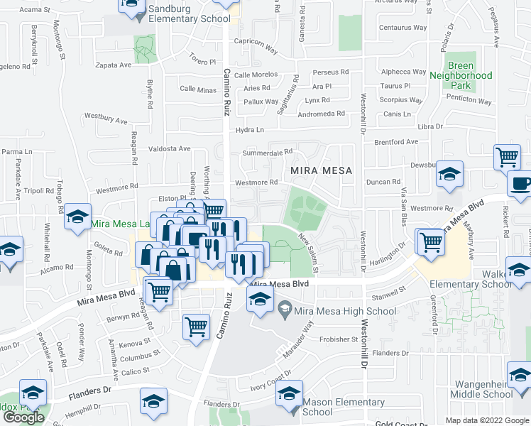 map of restaurants, bars, coffee shops, grocery stores, and more near 8496 New Salem Street in San Diego