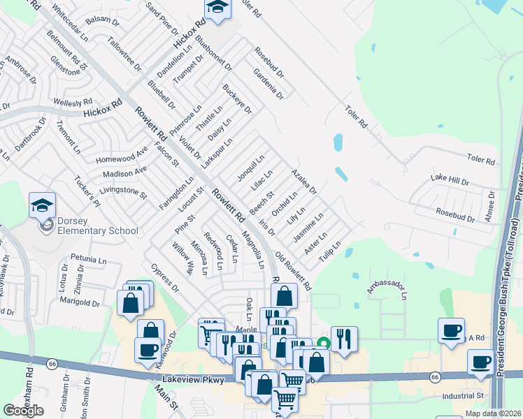 map of restaurants, bars, coffee shops, grocery stores, and more near 3409 Orchid Lane in Rowlett