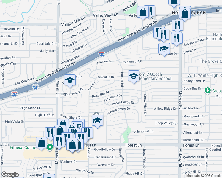map of restaurants, bars, coffee shops, grocery stores, and more near 3954 Boca Bay Drive in Dallas