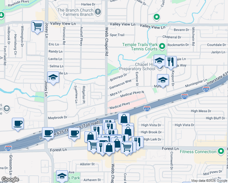 map of restaurants, bars, coffee shops, grocery stores, and more near 3134 Myra Lane in Farmers Branch