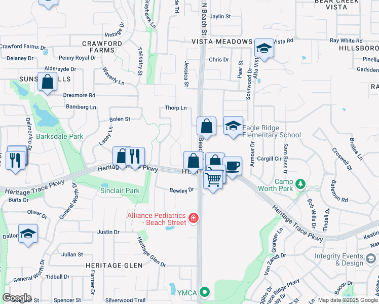 map of restaurants, bars, coffee shops, grocery stores, and more near 9716 Mcfarring Drive in Fort Worth