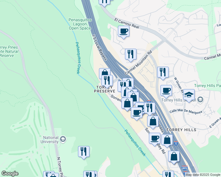 map of restaurants, bars, coffee shops, grocery stores, and more near 11815 Sorrento Valley Road in San Diego