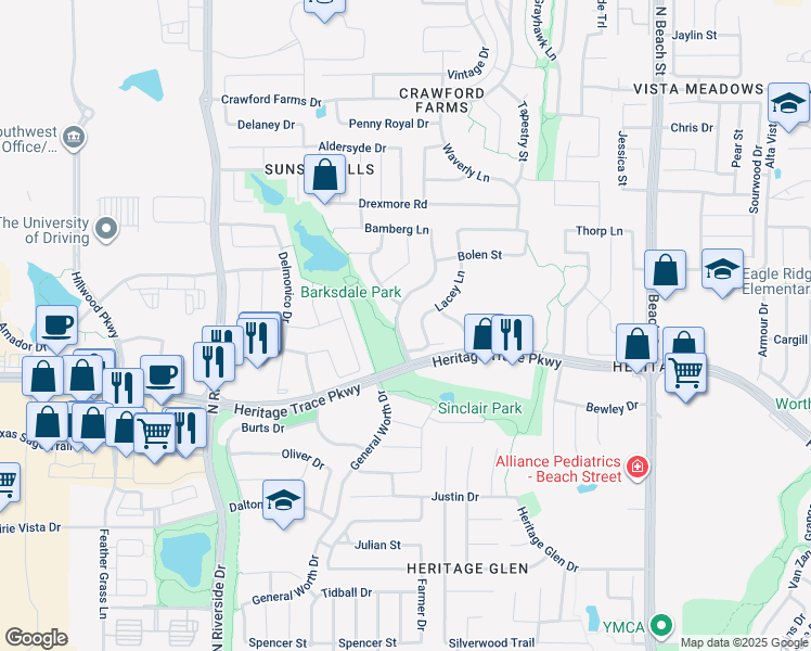 map of restaurants, bars, coffee shops, grocery stores, and more near 9609 Lacey Lane in Fort Worth