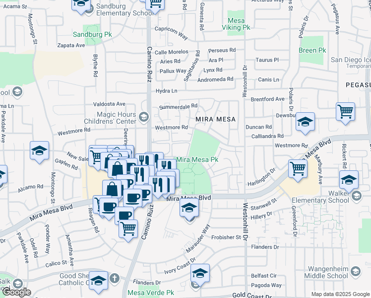 map of restaurants, bars, coffee shops, grocery stores, and more near 8476 New Salem Street in San Diego