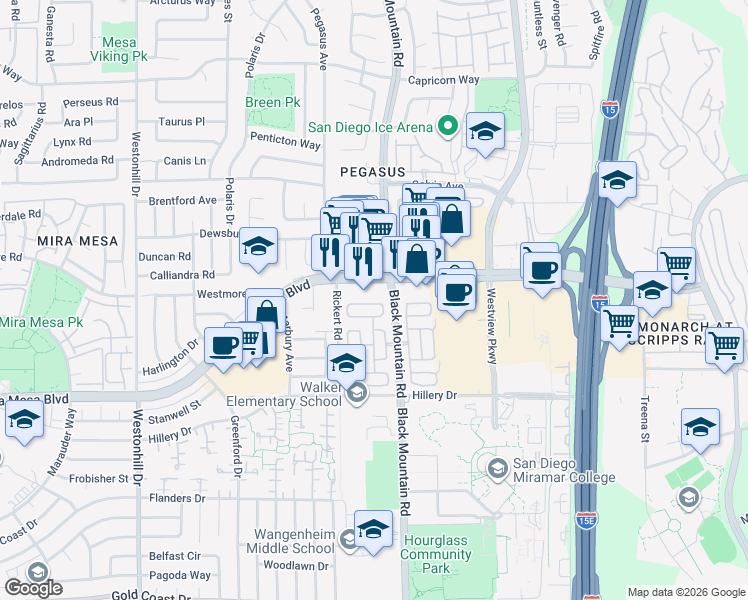 map of restaurants, bars, coffee shops, grocery stores, and more near 168 Northwood Drive in San Diego