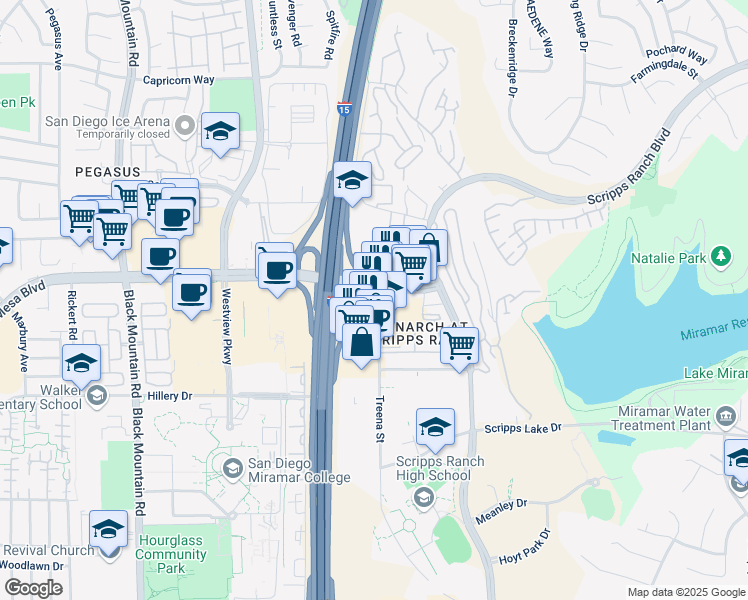 map of restaurants, bars, coffee shops, grocery stores, and more near 9821 Mira Mesa Boulevard in San Diego