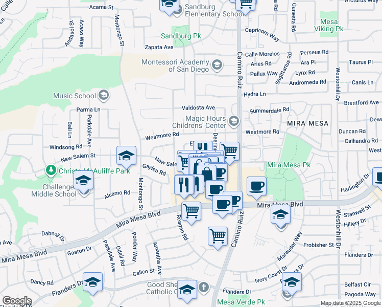 map of restaurants, bars, coffee shops, grocery stores, and more near 10840 New Salem Point in San Diego