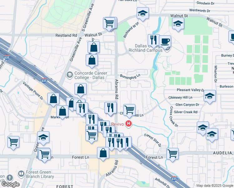 map of restaurants, bars, coffee shops, grocery stores, and more near 12354 Abrams Road in Dallas
