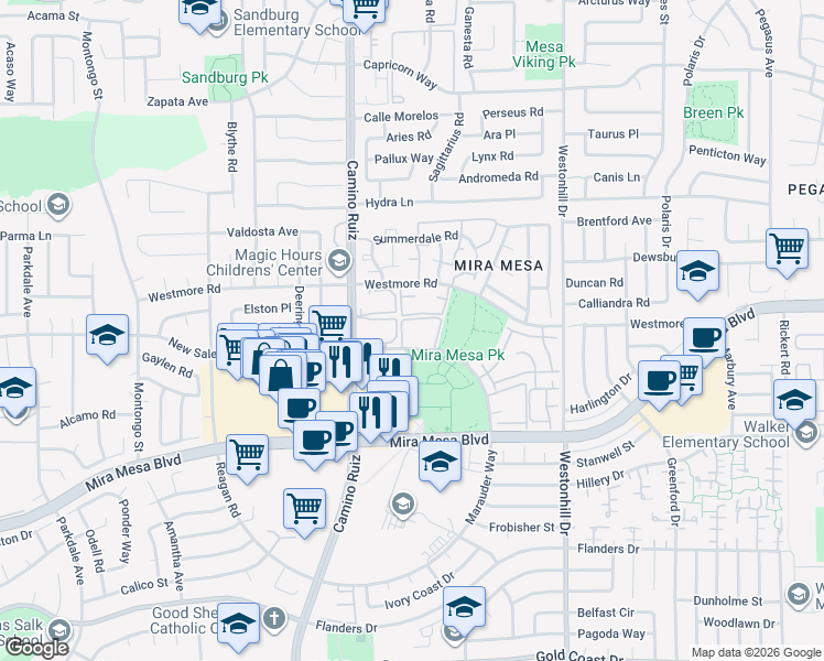 map of restaurants, bars, coffee shops, grocery stores, and more near 8496 New Salem Street in San Diego