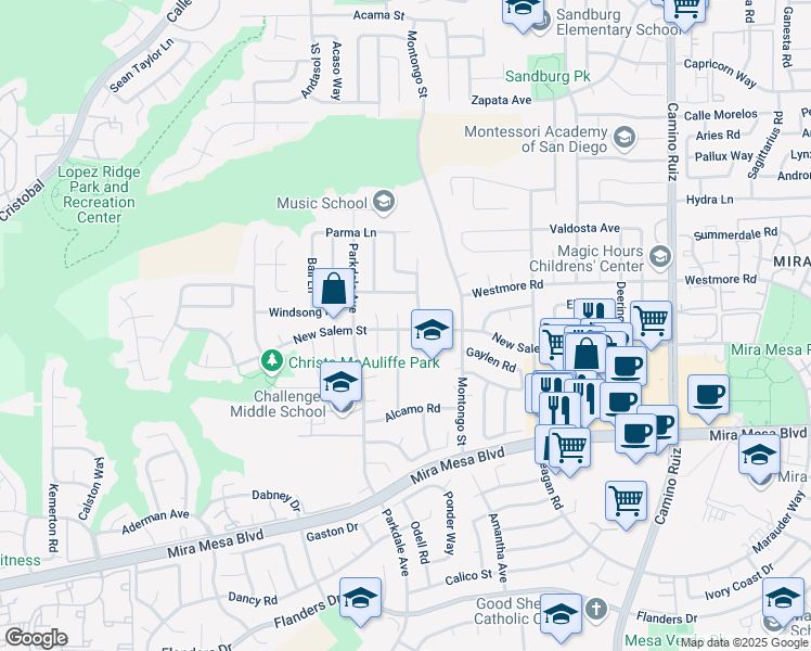 map of restaurants, bars, coffee shops, grocery stores, and more near 7817 New Salem Street in San Diego