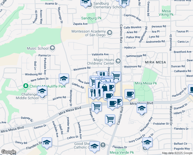 map of restaurants, bars, coffee shops, grocery stores, and more near 10840 New Salem Point in San Diego