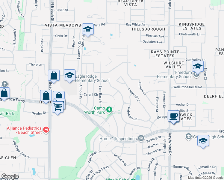 map of restaurants, bars, coffee shops, grocery stores, and more near 4821 Cargill Circle in Fort Worth