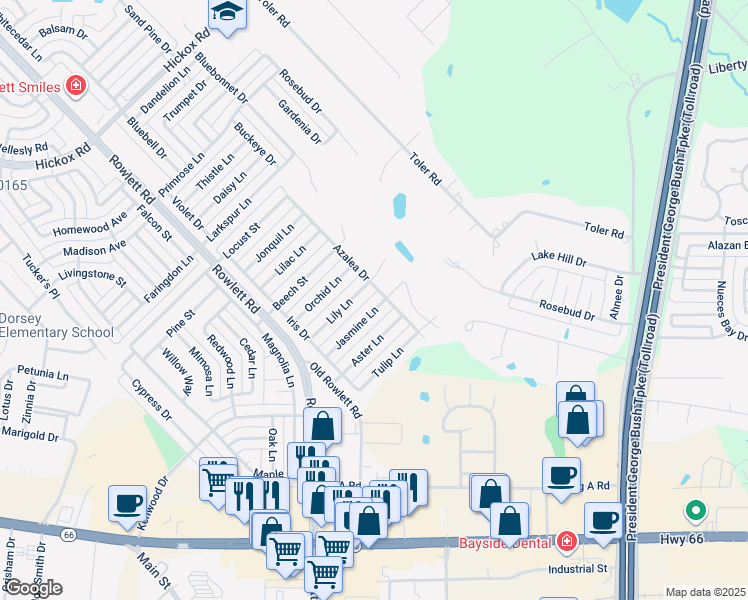 map of restaurants, bars, coffee shops, grocery stores, and more near 3507 Jasmine Lane in Rowlett