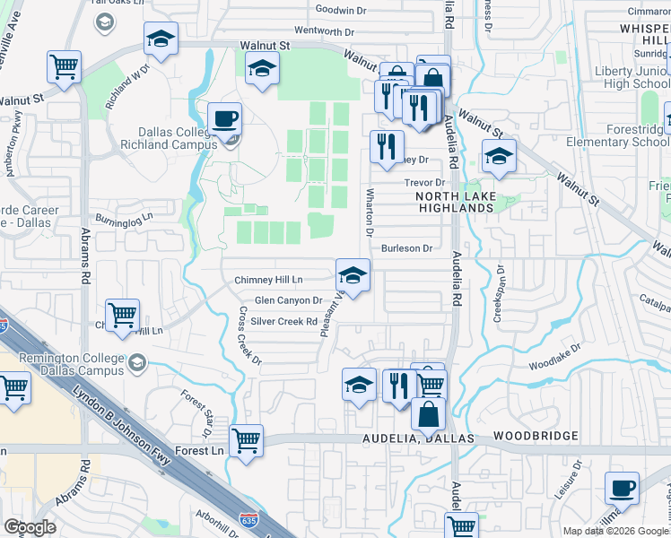 map of restaurants, bars, coffee shops, grocery stores, and more near 10028 Chimney Hill Lane in Dallas