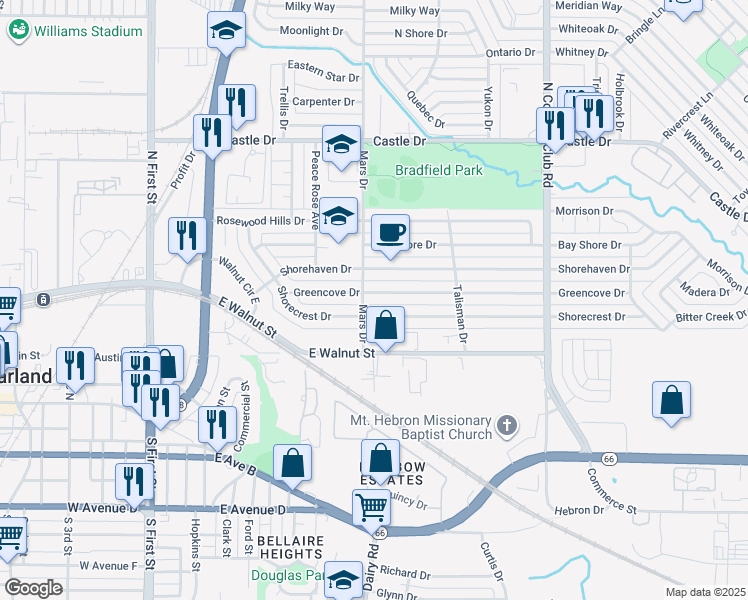 map of restaurants, bars, coffee shops, grocery stores, and more near 809 Shorecrest Drive in Garland