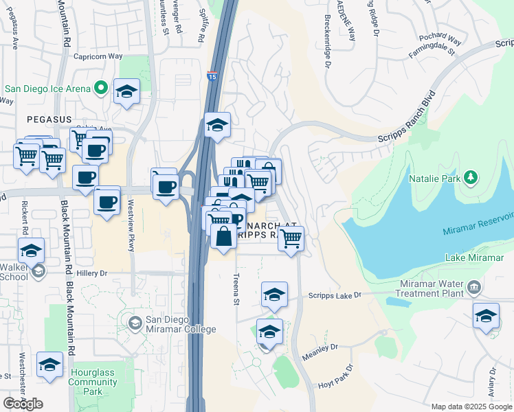 map of restaurants, bars, coffee shops, grocery stores, and more near 9951 Mira Mesa Boulevard in San Diego