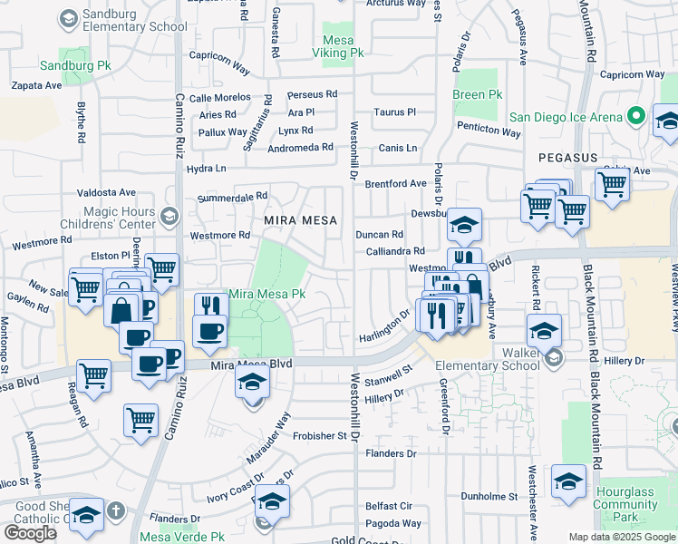map of restaurants, bars, coffee shops, grocery stores, and more near 87 Westmore Road in San Diego