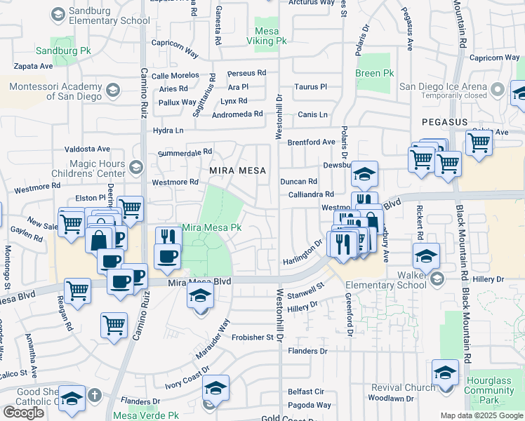 map of restaurants, bars, coffee shops, grocery stores, and more near 87 Westmore Road in San Diego