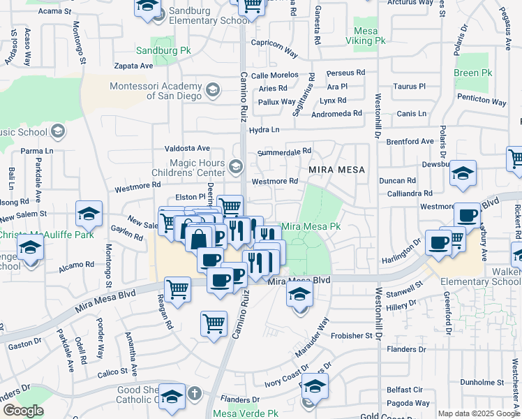 map of restaurants, bars, coffee shops, grocery stores, and more near 8418 New Salem Street in San Diego