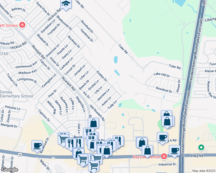map of restaurants, bars, coffee shops, grocery stores, and more near 3507 Jasmine Lane in Rowlett
