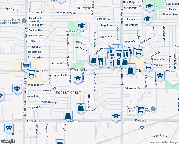 map of restaurants, bars, coffee shops, grocery stores, and more near 3901 Classic Drive in Garland