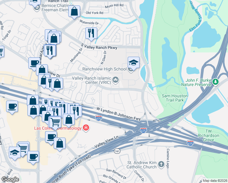 map of restaurants, bars, coffee shops, grocery stores, and more near 347 Birchwood Way in Irving