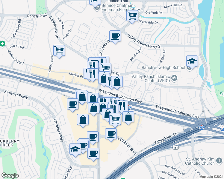 map of restaurants, bars, coffee shops, grocery stores, and more near 707 West Lyndon B Johnson Freeway in Irving
