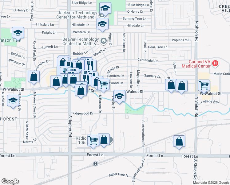 map of restaurants, bars, coffee shops, grocery stores, and more near 3200 North Kirby Street in Garland