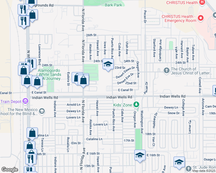 map of restaurants, bars, coffee shops, grocery stores, and more near 2201 Puerto Rico Avenue in Alamogordo